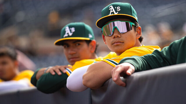 PEORIA, AZ - MARCH 14: Shotaro Morrii #18 of the Athletics looks on prior to the game between the Athletics and the San Diego Padres at Peoria Sports Complex on Friday, March 14, 2025 in Peoria, Arizona.