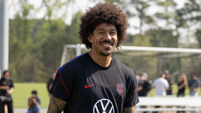 MARIETTA, GEORGIA - MARCH 26: Chris Richards of the United States Arrivals during the USMNT training at Children's Healthcare of Atlanta Training Ground on March 26, 2026 in Marietta, Georgia.