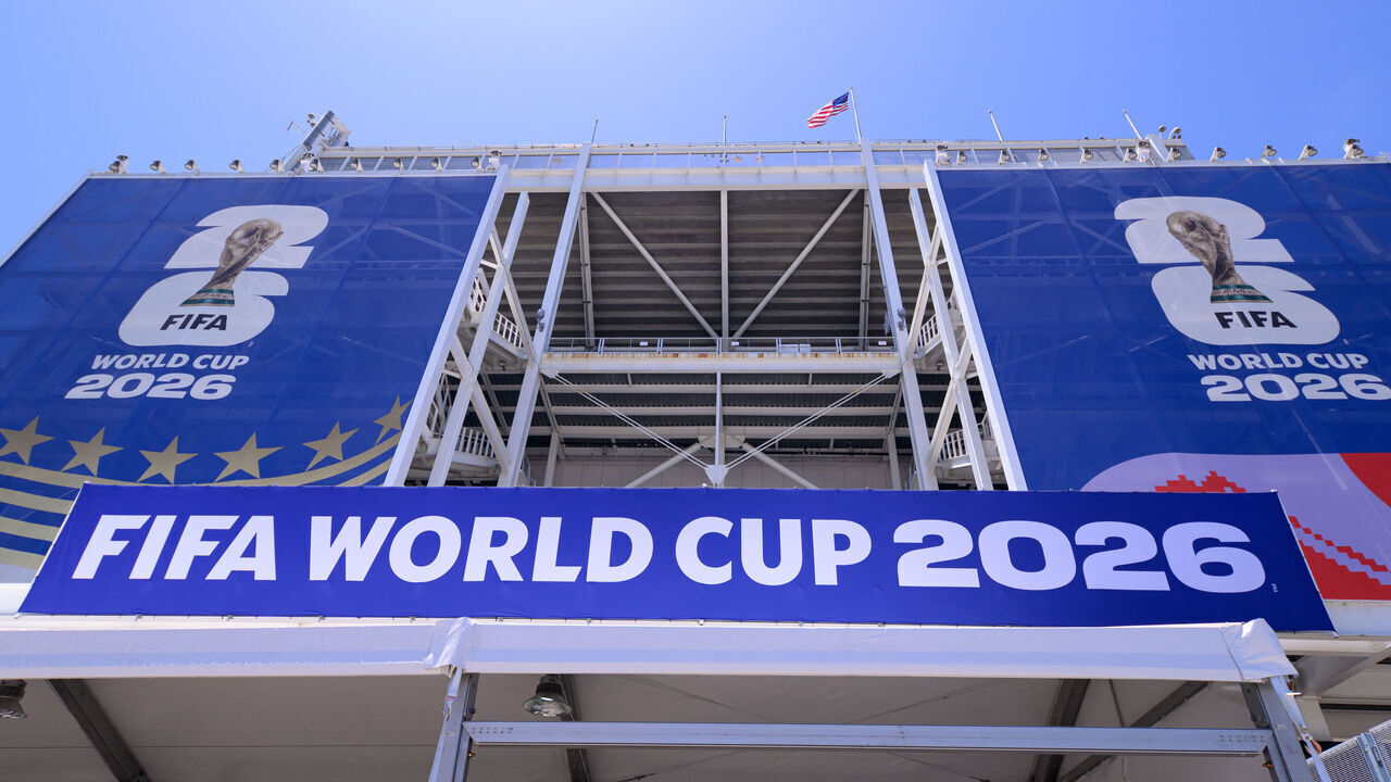 FIFA signage is seen at San Francisco Bay Area Stadium (temporarily renamed from Levi's Stadium) ahead of the 2026 FIFA World Cup in Santa Clara, California, on June 7, 2026. The stadium will host six matches for the FIFA World Cup 2026.