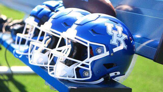 LEXINGTON, KY - APRIL 13: Helmets rest on the bench before the Kentucky Wildcats' 2024 spring game on April 13, 2024, at Kroger Field in Lexington, KY.