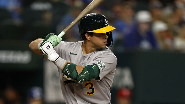 ARLINGTON, TEXAS - APRIL 25: Max Muncy #3 of the Athletics bats against the Texas Rangers during the first inning at Globe Life Field on April 25, 2026 in Arlington, Texas.