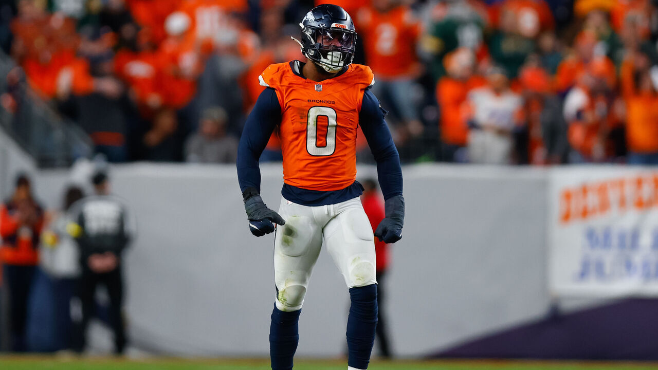 DENVER, CO - DECEMBER 14: Jonathon Cooper #0 of the Denver Broncos reacts after a sack during the fourth quarter against the Green Bay Packers at Empower Field at Mile High on December 14, 2025 in Denver, Colorado.