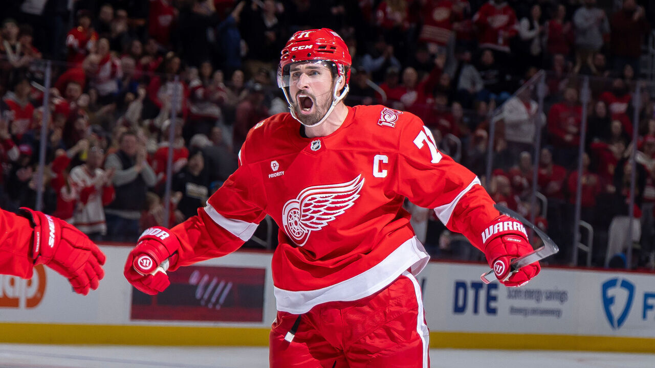 DETROIT, MICHIGAN - MARCH 24: Dylan Larkin #71 of the Detroit Red Wings celebrates his goal on Linus Ullmark #35 of the Ottawa Senators (not pictured) during the third period at Little Caesars Arena on March 24, 2026 in Detroit, Michigan.