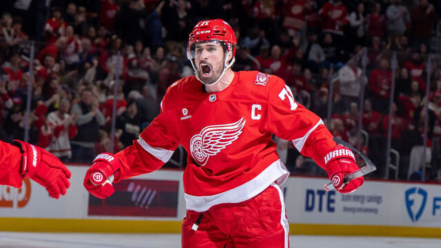 DETROIT, MICHIGAN - MARCH 24: Dylan Larkin #71 of the Detroit Red Wings celebrates his goal on Linus Ullmark #35 of the Ottawa Senators (not pictured) during the third period at Little Caesars Arena on March 24, 2026 in Detroit, Michigan.