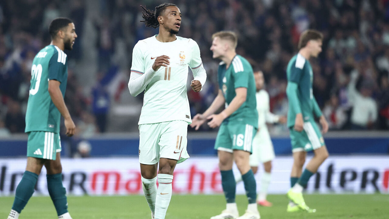 France's forward #11 Michael Olise celebrates scoring his team's second goal during the international friendly football match between France and North Ireland at the Decathlon Arena - Pierre Mauroy stadium in Villeneuve-d'Ascq, northern France on June 8, 2026, ahead of the 2026 FIFA World Cup football tournament.