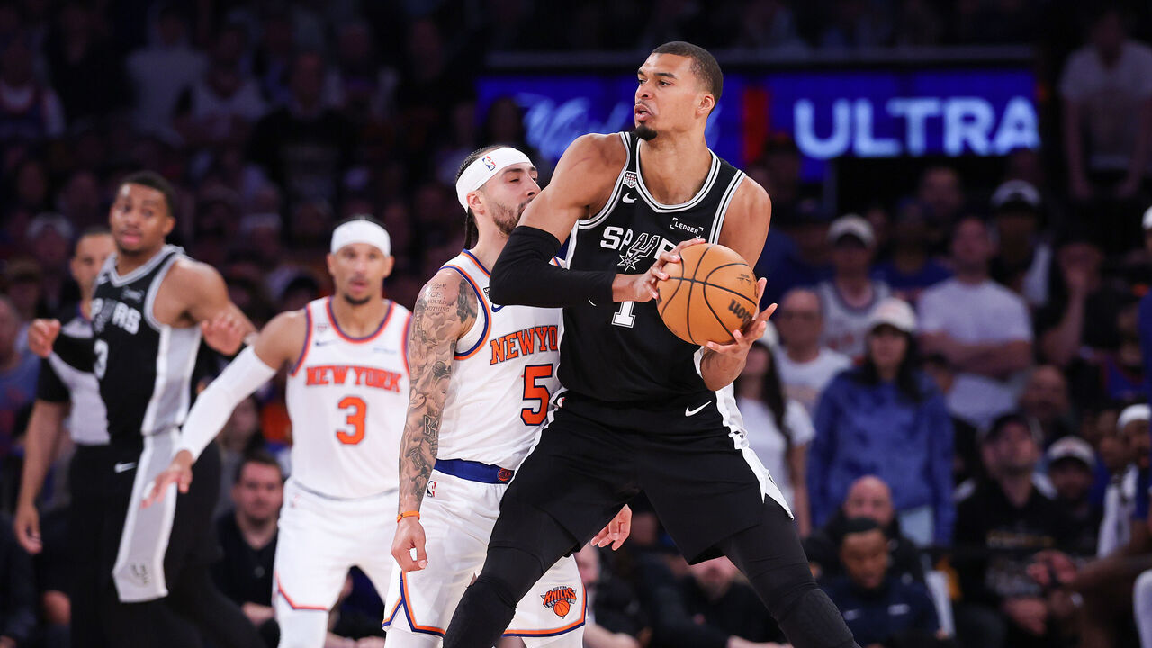 NEW YORK, NEW YORK - JUNE 08: Victor Wembanyama #1 of the San Antonio Spurs works against Jose Alvarado #5 of the New York Knicks during the fourth quarter in Game Three of the 2026 NBA Finals at Madison Square Garden on June 08, 2026 in New York City.