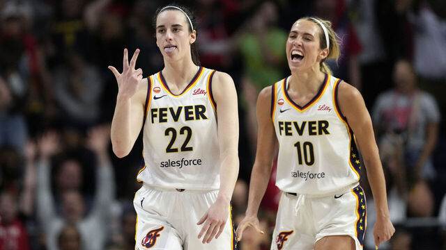 WASHINGTON, DC - JUNE 08: Caitlin Clark #22 of the Indiana Fever celebrates with Lexie Hull #10 after scoring the game-winning three pointer during the second half against the Washington Mystics at CareFirst Arena on June 08, 2026 in Washington, DC.