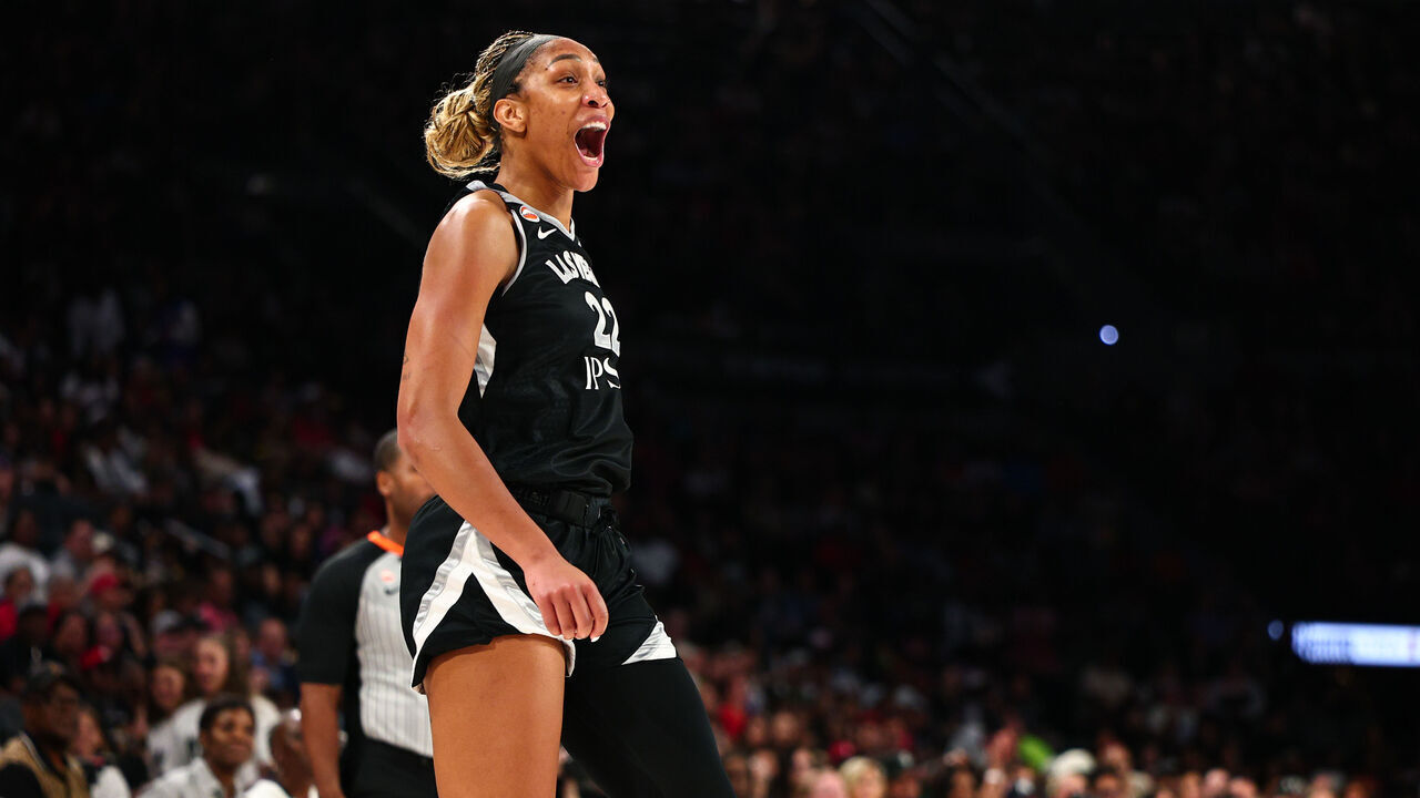 LAS VEGAS, NV - JUNE 8: A'ja Wilson #22 of the Las Vegas Aces celebrates during the game against the Seattle Storm on June 8, 2026 at Michelob ULTRA Arena in Las Vegas, Nevada. Mandatory Copyright Notice: Copyright 2026 NBAE