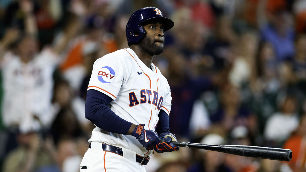 HOUSTON, TEXAS - JUNE 06: Yordan Alvarez #44 of the Houston Astros hits a grand slam home run against the Athletics during the second inning at Daikin Park on June 06, 2026 in Houston, Texas.