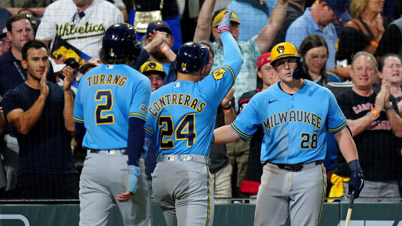 LAS VEGAS, NV - JUNE 08: William Contreras #24 of the Milwaukee Brewers celebrates a 3 run home run in the 10th inning during the game between the Milwaukee Brewers and the Athletics at Las Vegas Ballpark on Monday, June 8, 2026 in Las Vegas, Nevada.