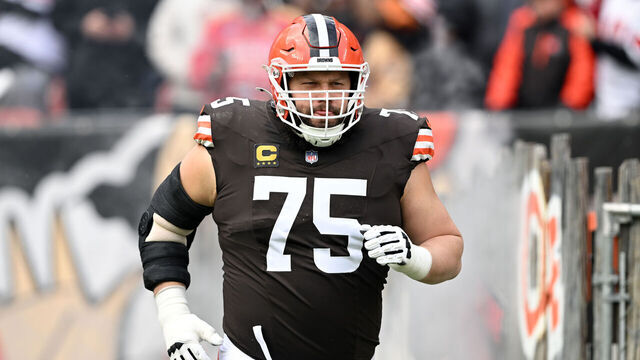 CLEVELAND, OHIO - NOVEMBER 30: Guard Joel Bitonio #75 of the Cleveland Browns celebrates during player introductions before the game against the San Francisco 49ers at Huntington Bank Field on November 30, 2025 in Cleveland, Ohio. The 49ers defeated the Browns 26-8.