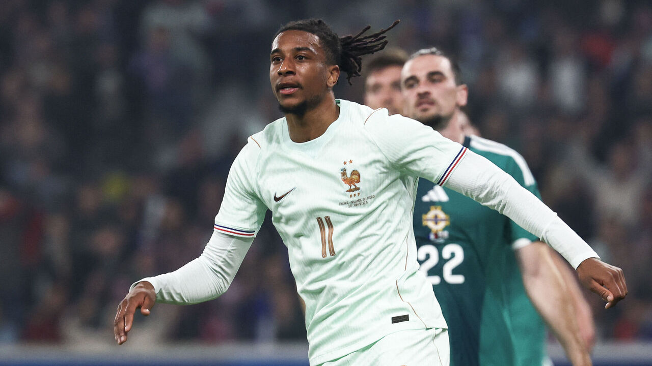 France's forward #11 Michael Olise celebrates scoring his team's first goal during the international friendly football match between France and Northern Ireland at the Pierre-Mauroy stadium in Villeneuve-d'Ascq, northern France on June 8, 2026, ahead of the 2026 FIFA World Cup football tournament.