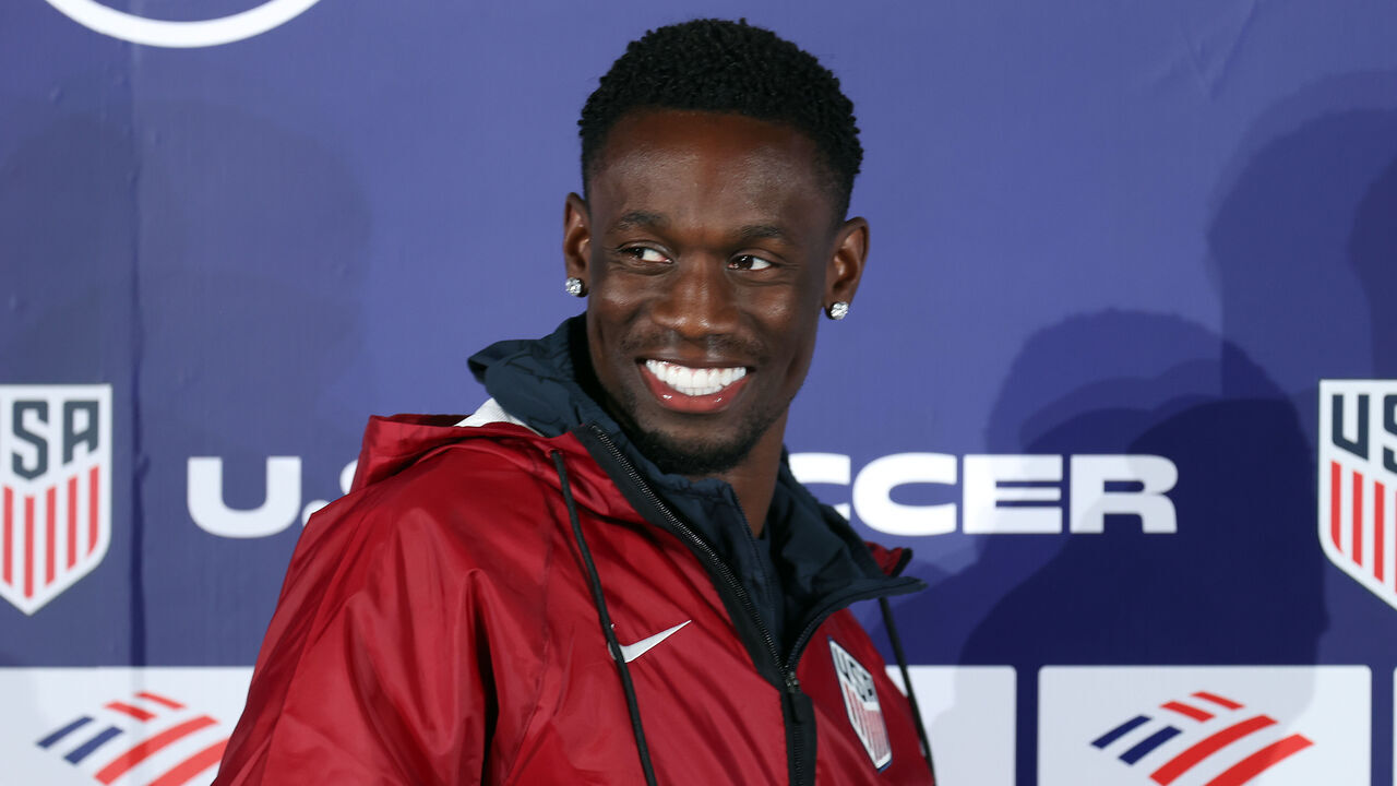VARIOUS CITIES - JUNE 08: Folarin Balogun #20 of the USA speaks to the media at a press conference during a training session ahead of the 2026 World Cup on June 08, 2026 in Irvine, California.