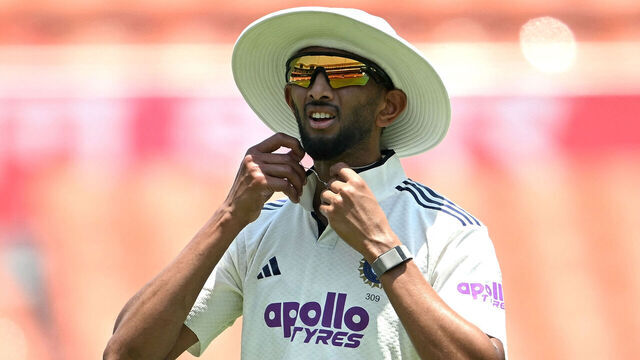 India's Prasidh Krishna looks on during the third day of the only Test cricket match between India and Afghanistan at the Maharaja Yadavindra Singh International Cricket Stadium on the outskirts of Chandigarh on June 8, 2026. / -- IMAGE RESTRICTED TO EDITORIAL USE - STRICTLY NO COMMERCIAL USE --
