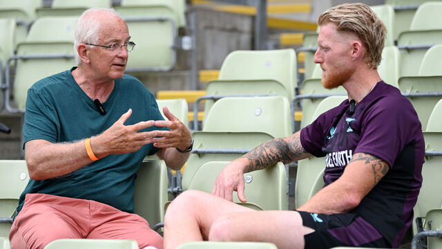 BIRMINGHAM, ENGLAND - JULY 01: England captain Ben Stokes speaks to former England captain David Gower at Edgbaston on July 01, 2025 in Birmingham, England.