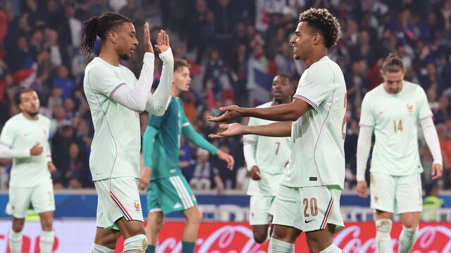 LILLE, FRANCE - JUNE 08: Michael Olise #11 of Team France celebrate his second goal with Désiré Doué #14during the International Friendly match between France and Northern Ireland at Stade Pierre Mauroy on June 08, 2026 in Lille, France.