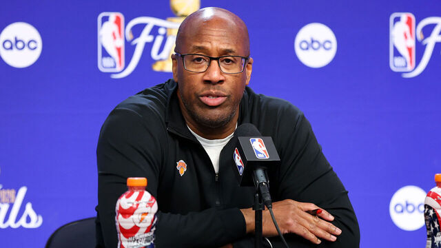 NEW YORK, NY - JUNE 8: Head Coach Mike Brown of the New York Knicks talks to the media after the game against the San Antonio Spurs during Game Three of the 2026 NBA Finals on June 8, 2026 at Madison Square Garden in New York, New York. Mandatory Copyright Notice: Copyright 2026 NBAE