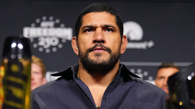 NEWARK, NEW JERSEY - MAY 08: Alex Pereira is seen on stage during the UFC Freedom 250 press conference at Prudential Center on May 08, 2026 in Newark, New Jersey.