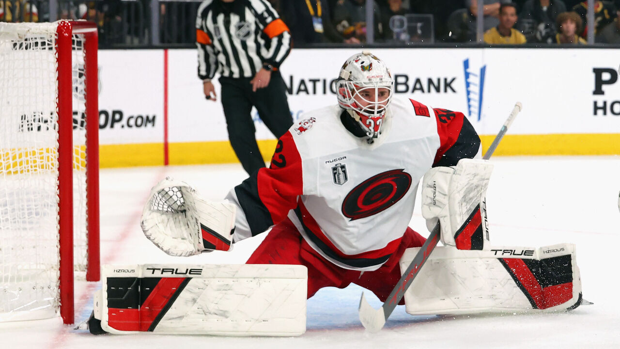 LAS VEGAS, NEVADA - JUNE 06: Brandon Bussi #32 of the Carolina Hurricanes skates against the Vegas Golden Knights in Game Three of the 2026 NHL Stanley Cup Final at T-Mobile Arena on June 06, 2026 in Las Vegas, Nevada.