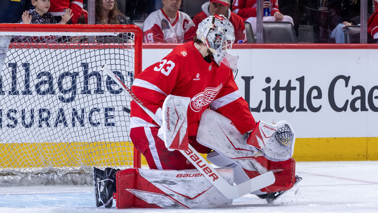 DETROIT, MICHIGAN - MARCH 04:Sebastian Cossa #33 of the Detroit Red Wings takes some shots in warm ups before the game against the Vegas Golden Knights at Little Caesars Arena on March 4, 2026 in Detroit, Michigan.