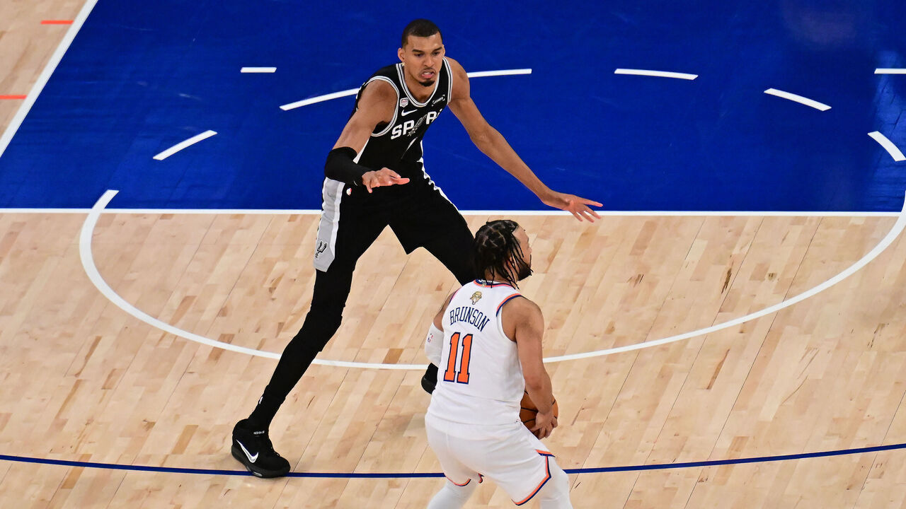 NEW YORK, NY - JUNE 8: Victor Wembanyama #1 of the San Antonio Spurs plays defense during the game against Jalen Brunson #11 of the New York Knicks during Game Three of the 2026 NBA Finals on June 8, 2026 at Madison Square Garden in New York City, New York. Mandatory Copyright Notice: Copyright 2026 NBAE
