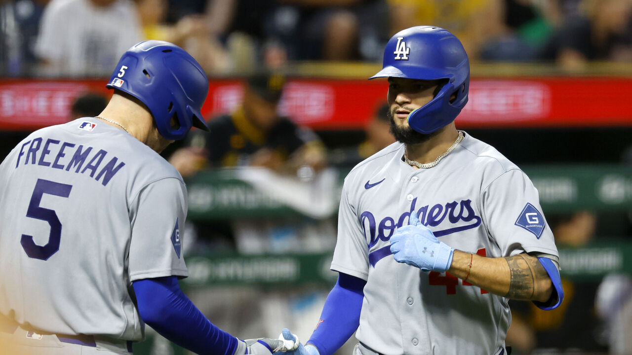 PITTSBURGH, PA - JUNE 09: Andy Pages #44 of the Los Angeles Dodgers celebrates after hitting a two-run home run in the seventh inning against the Pittsburgh Pirates at PNC Park on June 9, 2026 in Pittsburgh, Pennsylvania.