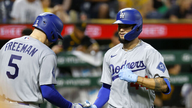 PITTSBURGH, PA - JUNE 09: Andy Pages #44 of the Los Angeles Dodgers celebrates after hitting a two-run home run in the seventh inning against the Pittsburgh Pirates at PNC Park on June 9, 2026 in Pittsburgh, Pennsylvania.