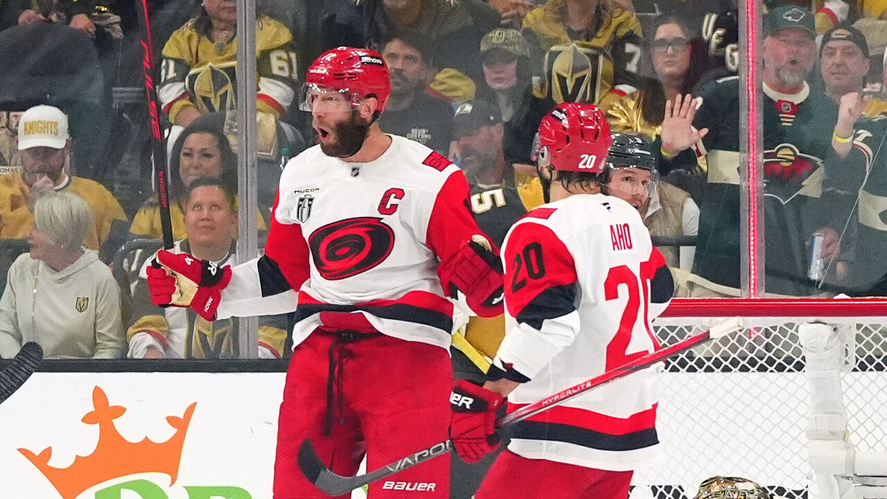 LAS VEGAS, NEVADA - JUNE 09: Jordan Staal #11 of the Carolina Hurricanes celebrates his power play goal against the Vegas Golden Knights during the first period of Game Four of the Stanley Cup Final at T-Mobile Arena on June 09, 2026 in Las Vegas, Nevada.