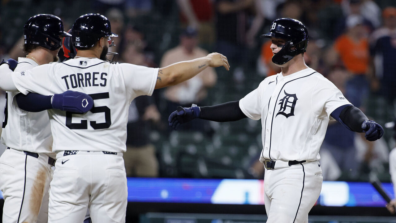 DETROIT, MI - JUNE 9: Dillon Dingler #13 of the Detroit Tigers is greeted by Gleyber Torres #25 and Zach McKinstry #39 after hitting a three-run home run against the Minnesota Twins during the sixth inning at Comerica Park on June 9, 2026 in Detroit, Michigan.