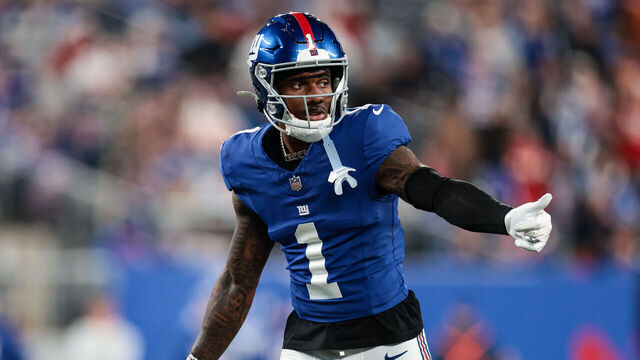 EAST RUTHERFORD, NEW JERSEY - SEPTEMBER 21: Malik Nabers #1 of the New York Giants reacts during the game against the Kansas City Chiefs at MetLife Stadium on September 21, 2025.