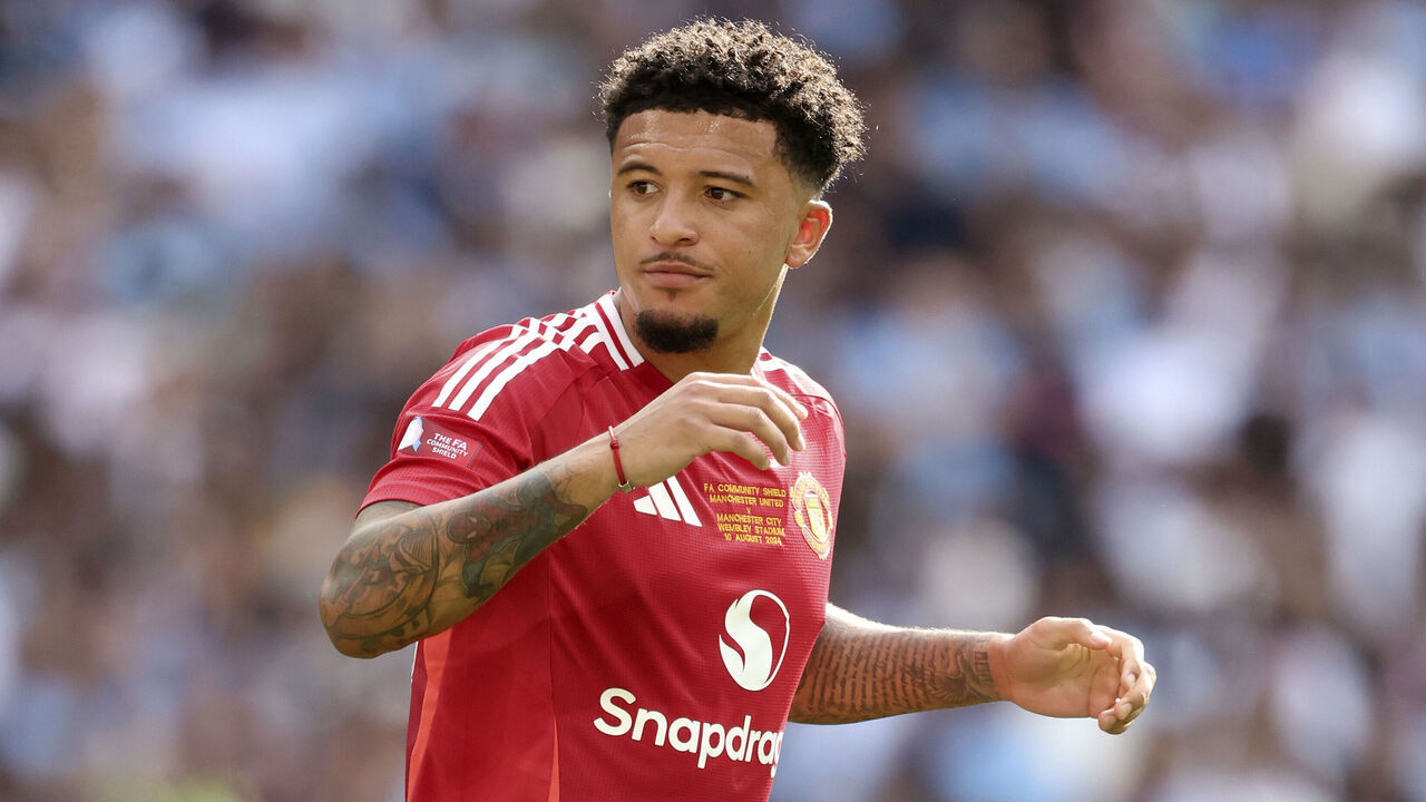 LONDON, ENGLAND - AUGUST 10: Jadon Sancho of Manchester United in action during the 2024 FA Community Shield match between Manchester United and Manchester City at Wembley Stadium on August 10, 2024 in London, England.