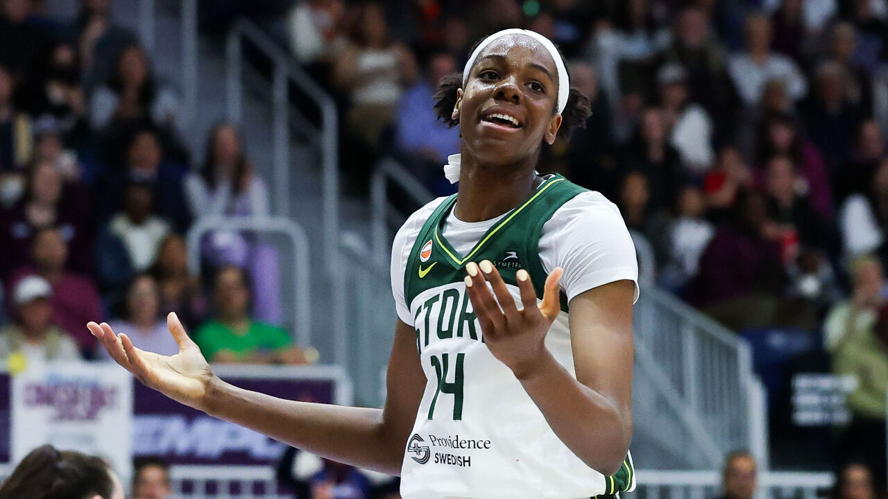 TORONTO, ONTARIO - MAY 13: Dominique Malonga #14 of the Seattle Storm reacts during the third quarter against the Toronto Tempo at Coca-Cola Coliseum on May 13, 2026 in Toronto, Ontario, Canada.