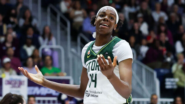 TORONTO, ONTARIO - MAY 13: Dominique Malonga #14 of the Seattle Storm reacts during the third quarter against the Toronto Tempo at Coca-Cola Coliseum on May 13, 2026 in Toronto, Ontario, Canada.