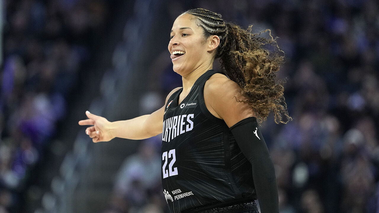 SAN FRANCISCO, CALIFORNIA - JUNE 09: Veronica Burton #22 of the Golden State Valkyries reacts after making a three-point shot against the Phoenix Mercury in the first half during a WNBA Commissioner's Cup game at Chase Center on June 9, 2026 in San Francisco, California.