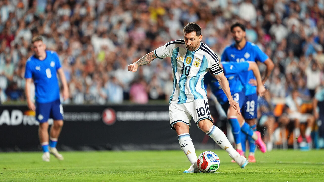 AUBURN, ALABAMA - JUNE 9: Lionel Messi of Argentina controls the ball during the international friendly match between Argentina and Iceland at Jordan-Hare Stadium on June 9, 2026 in Auburn, Alabama.