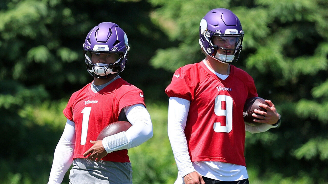 EAGAN, MINNESOTA - MAY 27: Kyler Murray #1 and J.J. McCarthy #9 of the Minnesota Vikings look on during an OTA workout at Twin Cities Orthopedics Performance Center on May 27, 2026 in Eagan, Minnesota.