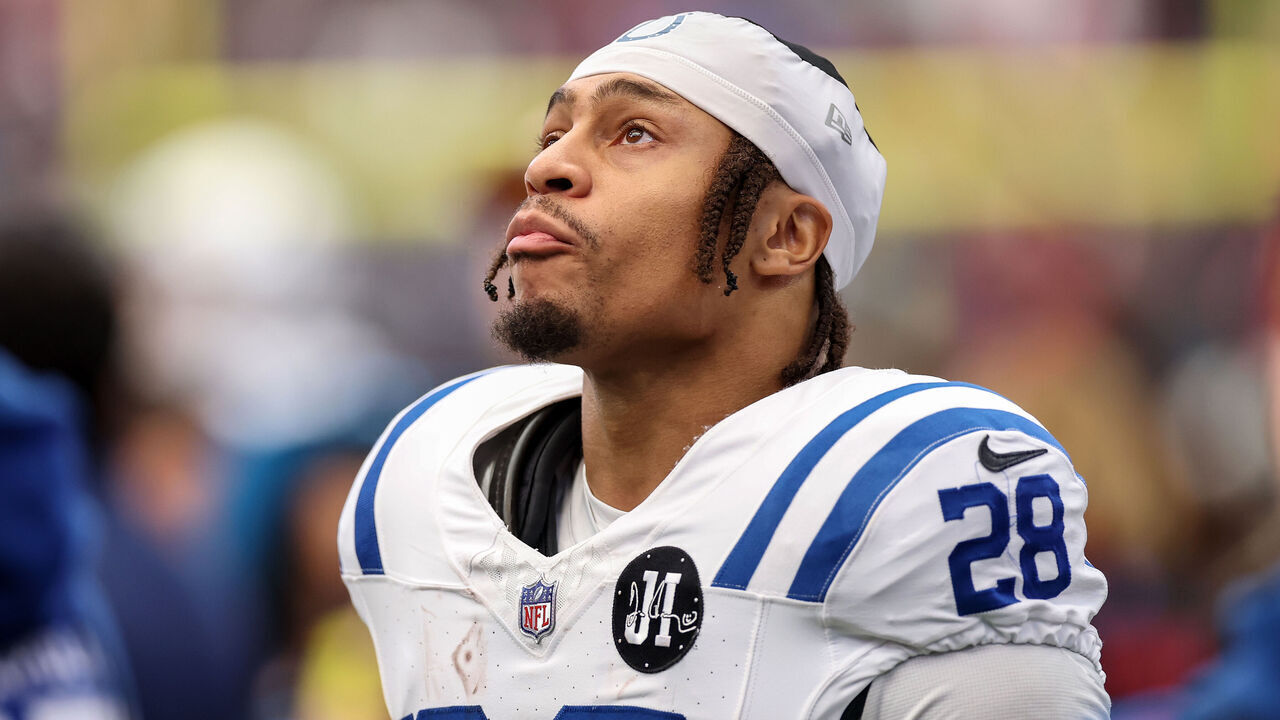 HOUSTON, TEXAS - JANUARY 04: Jonathan Taylor #28 of the Indianapolis Colts stands on the sideline during the game against the Houston Texans at NRG Stadium on January 04, 2026 in Houston, Texas.