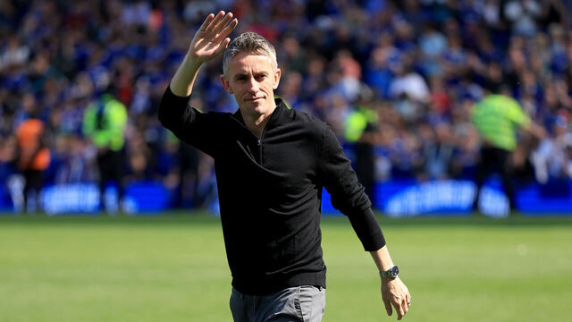 Ipswich Town manager Kieran McKenna celebrates on the pitch after Ipswich Town secured promotion following the Sky Bet Championship match at Portman Road, Ipswich. Picture date: Saturday May 2, 2026.
