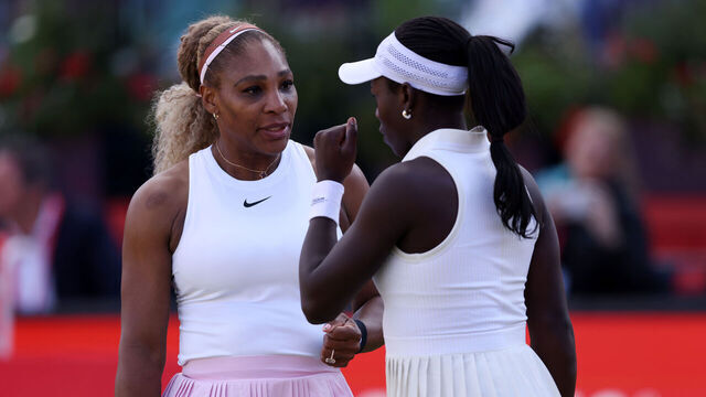 LONDON, ENGLAND - JUNE 09: Serena Williams of the United States plays a backhand with Victoria Mboko of Canada (out of frame) against Nicole Melichar-Martinez of the United States and Erin Routliffe of New Zealand during the Women's Doubles first round match on Day Two of the HSBC Championships at The Queen's Club on June 09, 2026 in London, England.