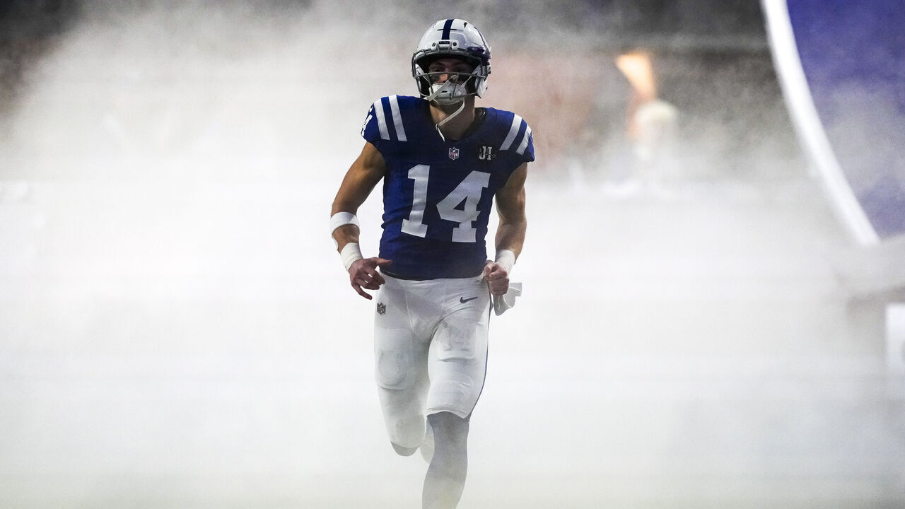 INDIANAPOLIS, IN - DECEMBER 28: Alec Pierce #14 of the Indianapolis Colts runs out of the tunnel prior to an NFL football game against the Jacksonville Jaguars at Lucas Oil Stadium on December 28, 2025 in Indianapolis, Indiana.