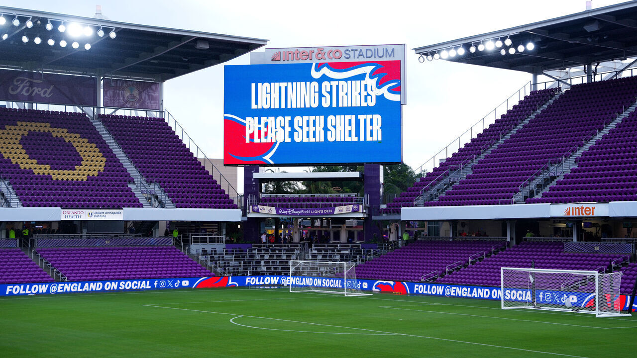 A general view of a lightning warning on the big screen inside the Inter&Co Stadium ahead of the international friendly match between England and Costa Rica in Orlando, Florida. Picture date: Wednesday June 10, 2026.