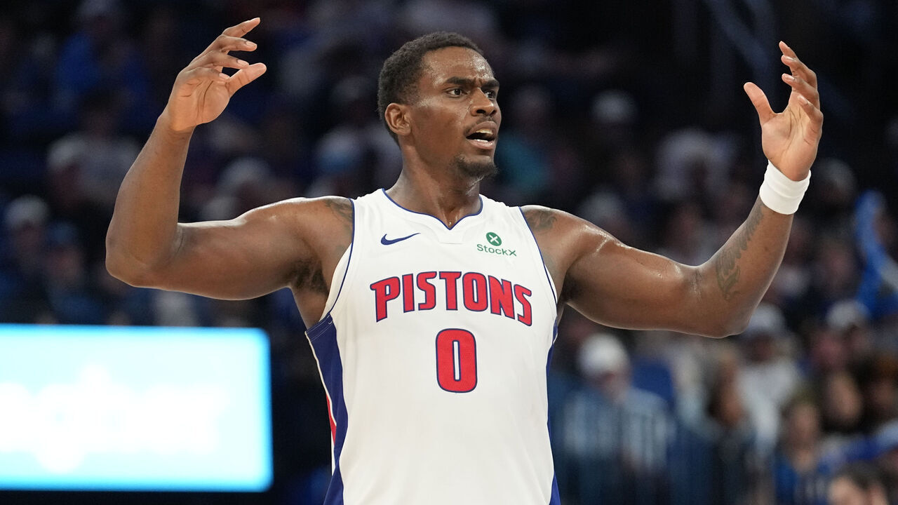 ORLANDO, FLORIDA - MARCH 1: Jalen Duren #0 of the Detroit Pistons reacts to the foul call during the game against the Orlando Magic in the fourth quarter at the Kia Center on March 1, 2026 in Orlando, Florida.