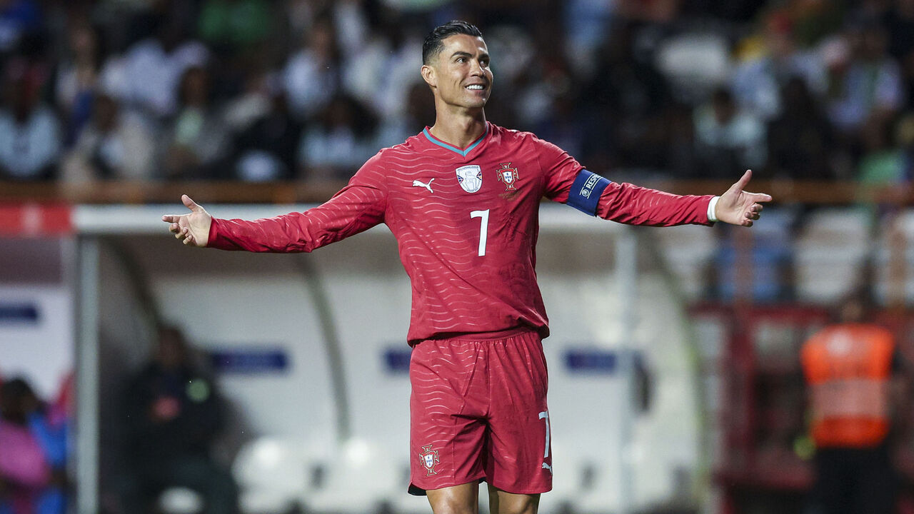 LEIRIA, PORTUGAL - JUNE 10: Cristiano Ronaldo of Portugal gestures during the International Friendly match between Portugal and Nigeria at Estadio Dr Magalhaes Pessoa on June 10, 2026 in Leiria, Portugal.
