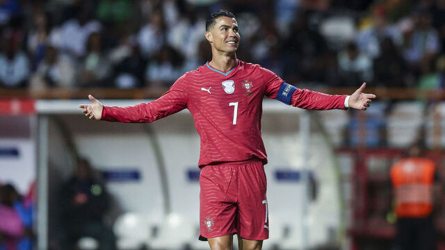 LEIRIA, PORTUGAL - JUNE 10: Cristiano Ronaldo of Portugal gestures during the International Friendly match between Portugal and Nigeria at Estadio Dr Magalhaes Pessoa on June 10, 2026 in Leiria, Portugal.