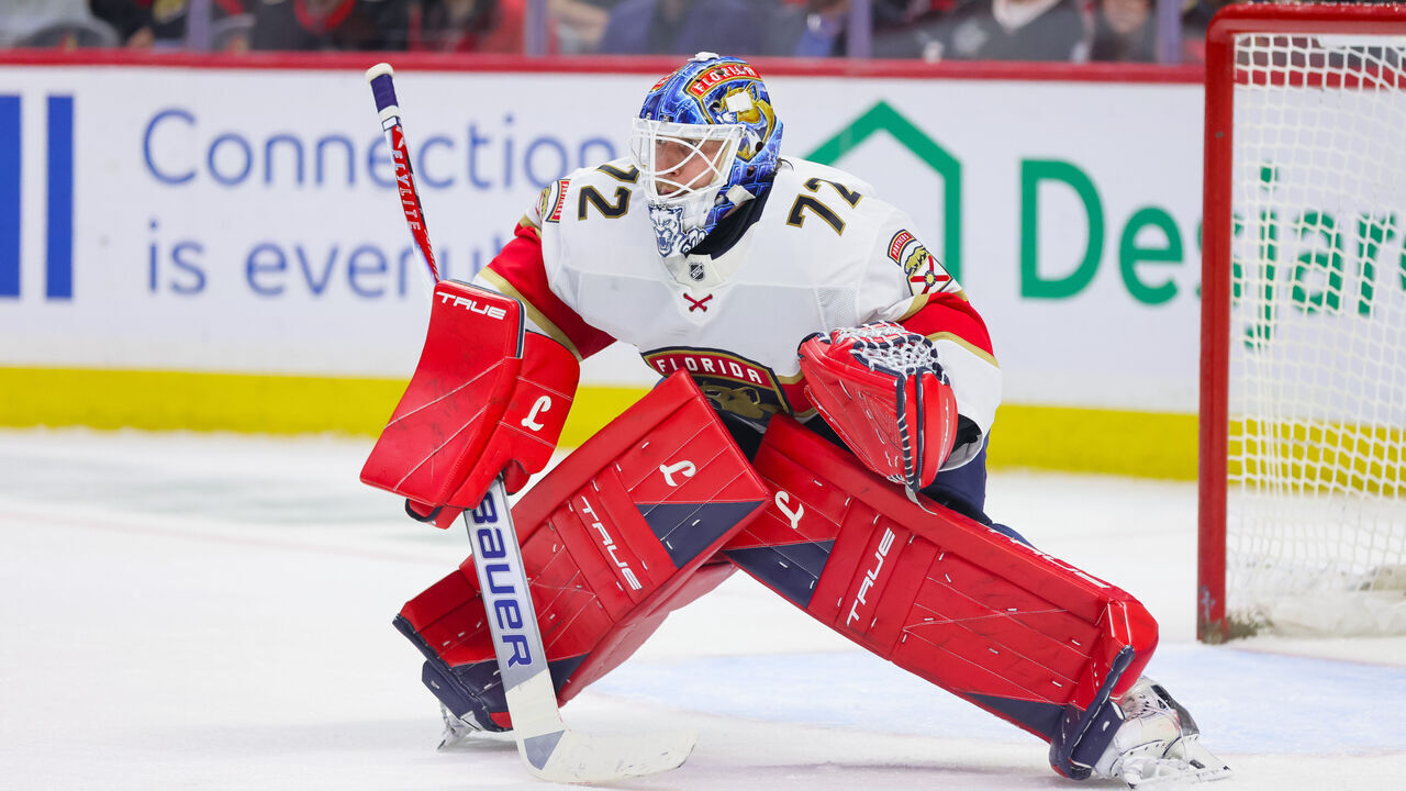 OTTAWA, ON - APRIL 09: Sergei Bobrovsky #72 of the Florida Panthers tends net against the Ottawa Senators on April 9, 2026, at Canadian Tire Centre in Ottawa, ON, Canada.