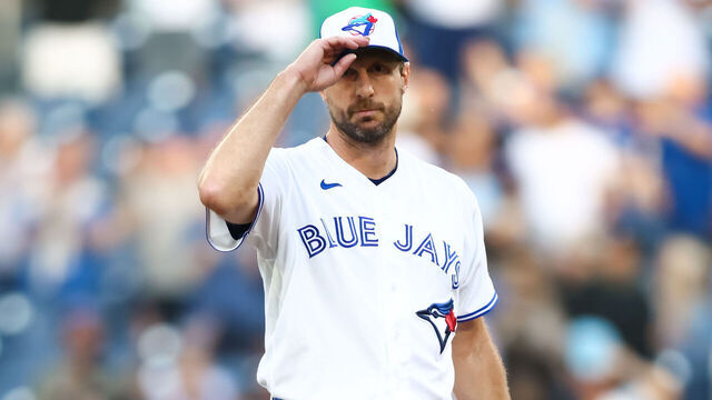 TORONTO, CANADA - JUNE 10: Max Scherzer #31 of the Toronto Blue Jays reacts after striking out Kyle Schwarber #12 of the Philadelphia Phillies for his 3500th career strikeout in the first inning of their MLB game at Rogers Centre on June 10, 2026 in Toronto, Ontario, Canada.