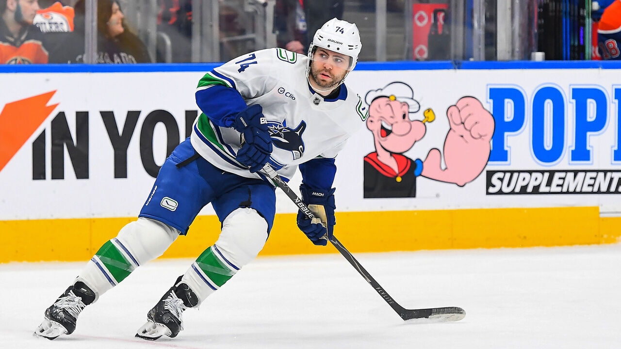 EDMONTON, CANADA - APRIL 16: Jake DeBrusk #74 of the Vancouver Canucks in action during the game against the Edmonton Oilers at Rogers Place on April 16, 2026, in Edmonton, Alberta, Canada.