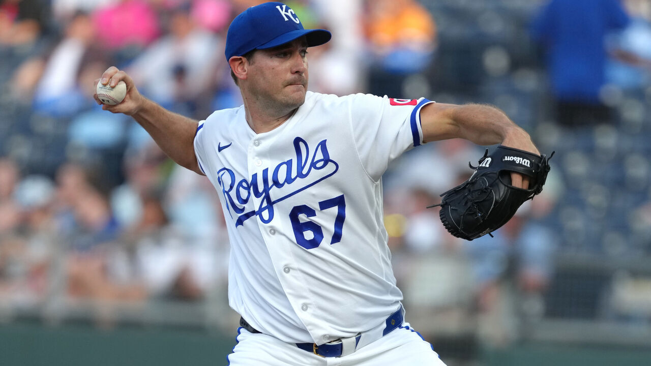 KANSAS CITY, MISSOURI - JUNE 10: Seth Lugo #67 of the Kansas City Royals throws a pitch against the Texas Rangers in the second inning at Kauffman Stadium on June 10, 2026 in Kansas City, Missouri.