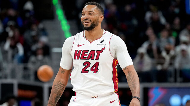 DETROIT, MICHIGAN - JANUARY 01: Norman Powell #24 of the Miami Heat smiles against the Detroit Pistons at Little Caesars Arena on January 01, 2026 in Detroit, Michigan.