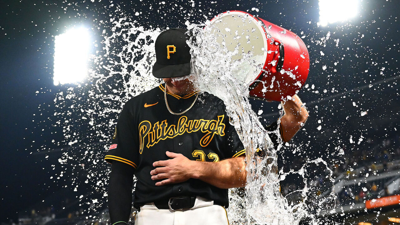 PITTSBURGH, PENNSYLVANIA - JUNE 10: Tyler Callihan #37 of the Pittsburgh Pirates is doused with water by a teammate after their team's 9-8 win over the Los Angeles Dodgers at PNC Park on June 10, 2026 in Pittsburgh, Pennsylvania.